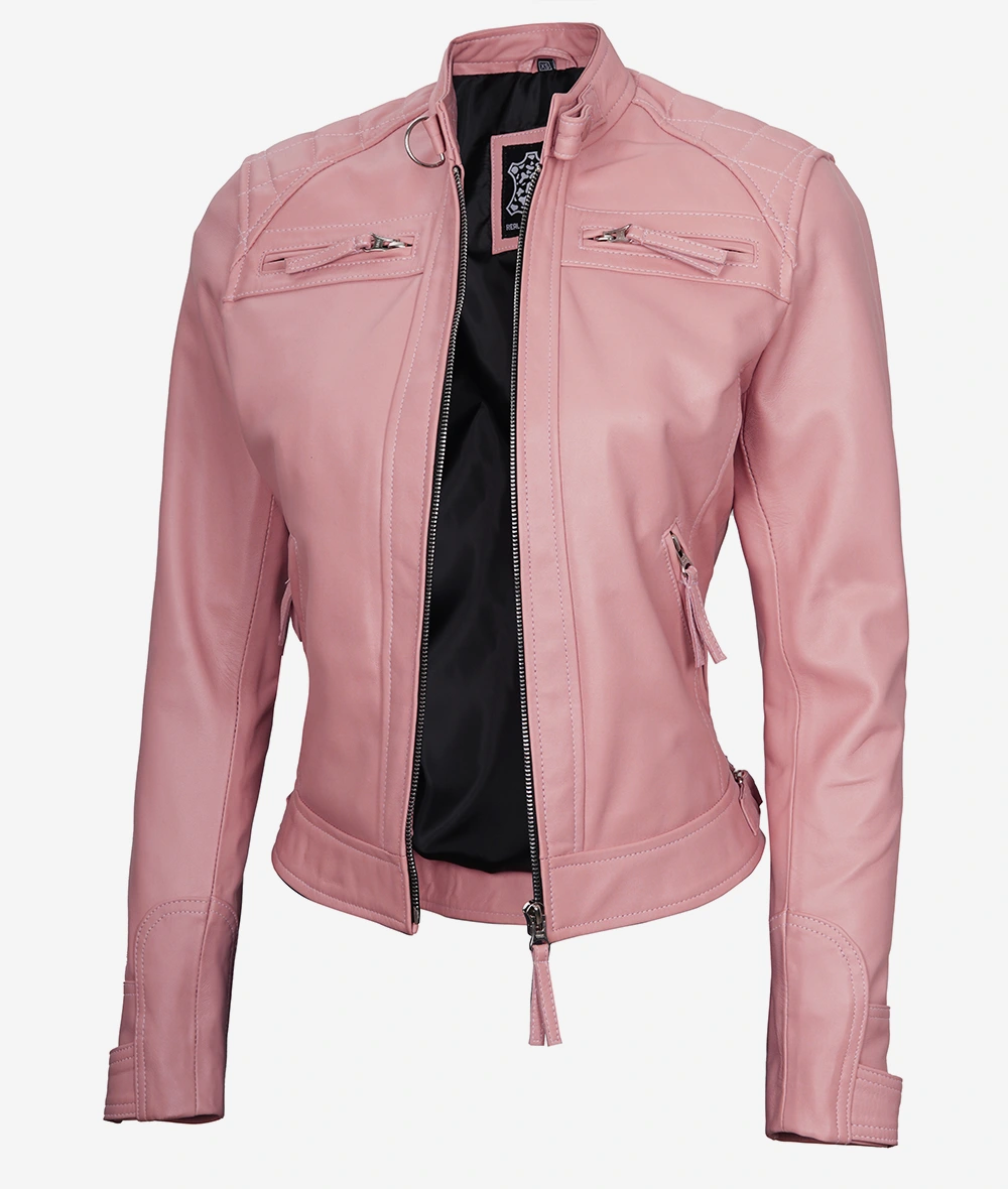 Women's Pink Cafe Racer Leather Jacket - Quilted Shoulder