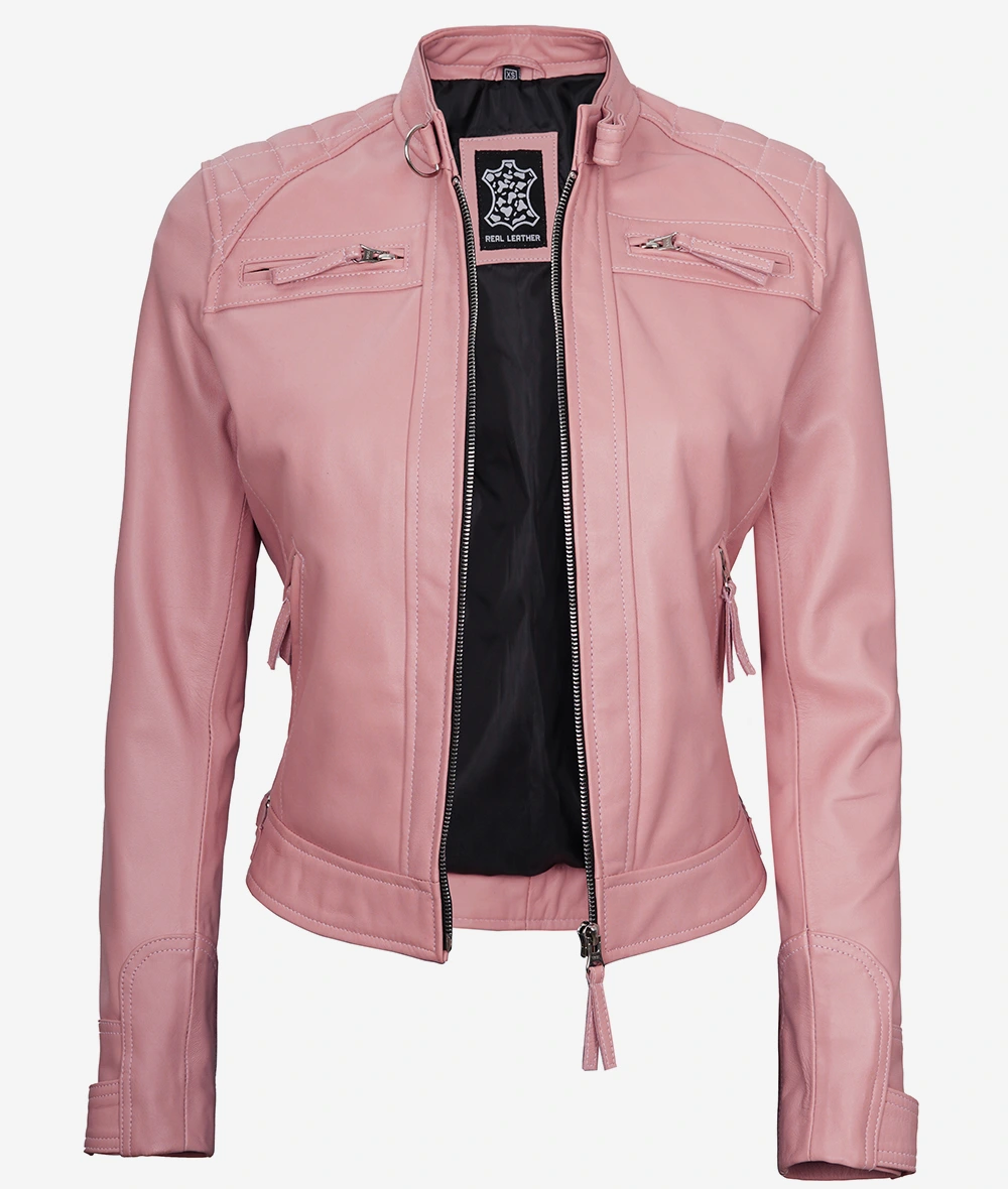 Women's Pink Cafe Racer Leather Jacket - Quilted Shoulder