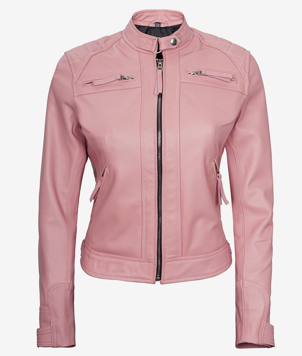 Women's Pink Cafe Racer Leather Jacket - Quilted Shoulder