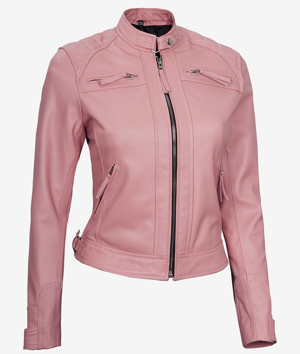 Women's Pink Cafe Racer Leather Jacket - Quilted Shoulder