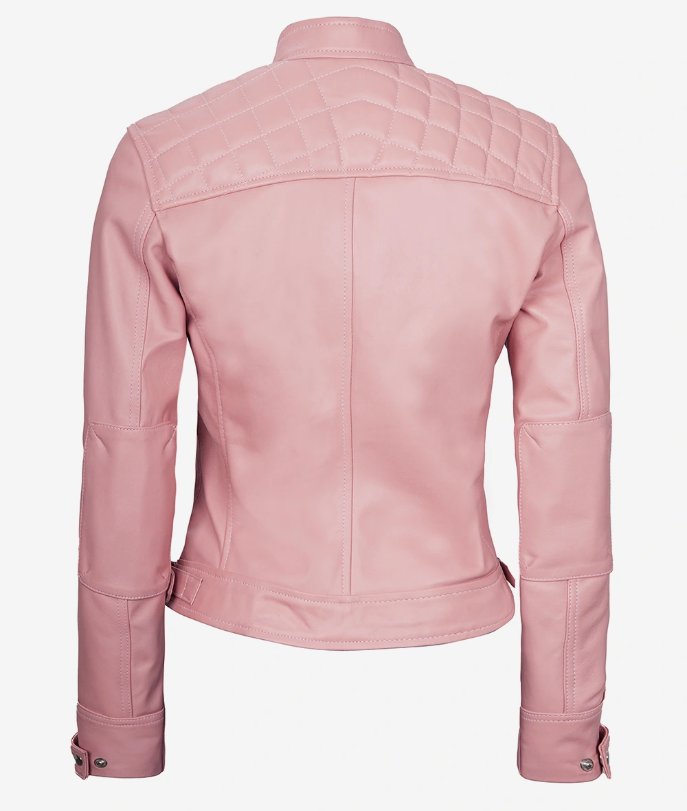 Women's Pink Cafe Racer Leather Jacket - Quilted Shoulder