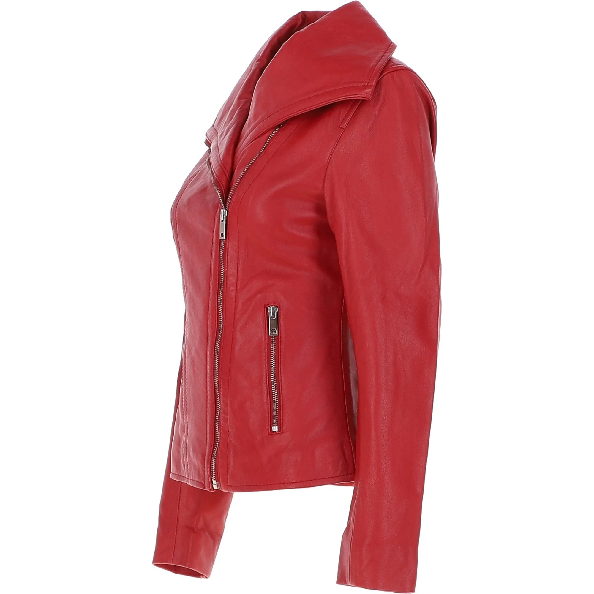 Women's Wide Fashion Collar Side Zip Leather Jacket Red: Universal