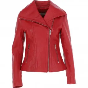 Women's Wide Fashion Collar Side Zip Leather Jacket Red: Universal