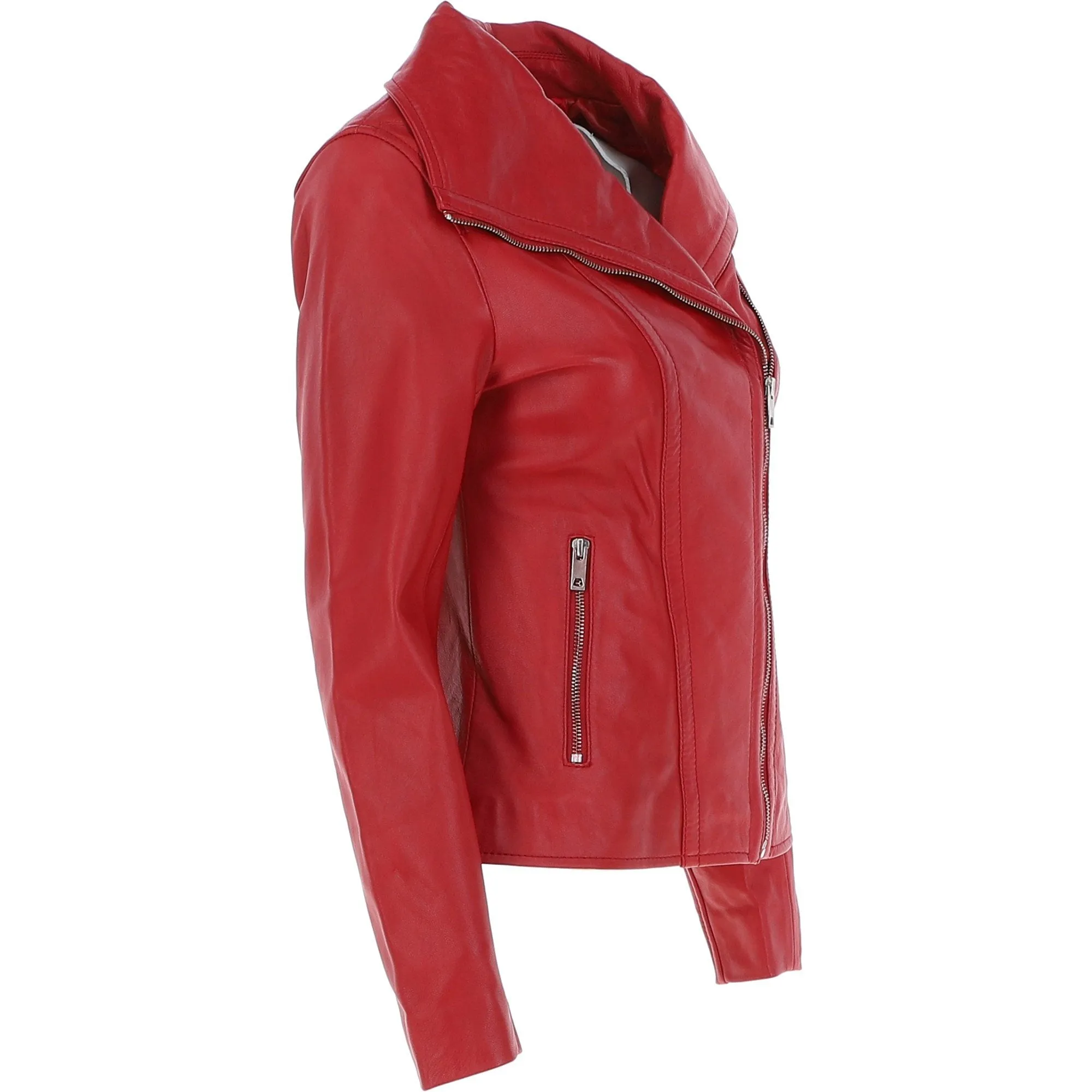 Women's Wide Fashion Collar Side Zip Leather Jacket Red: Universal