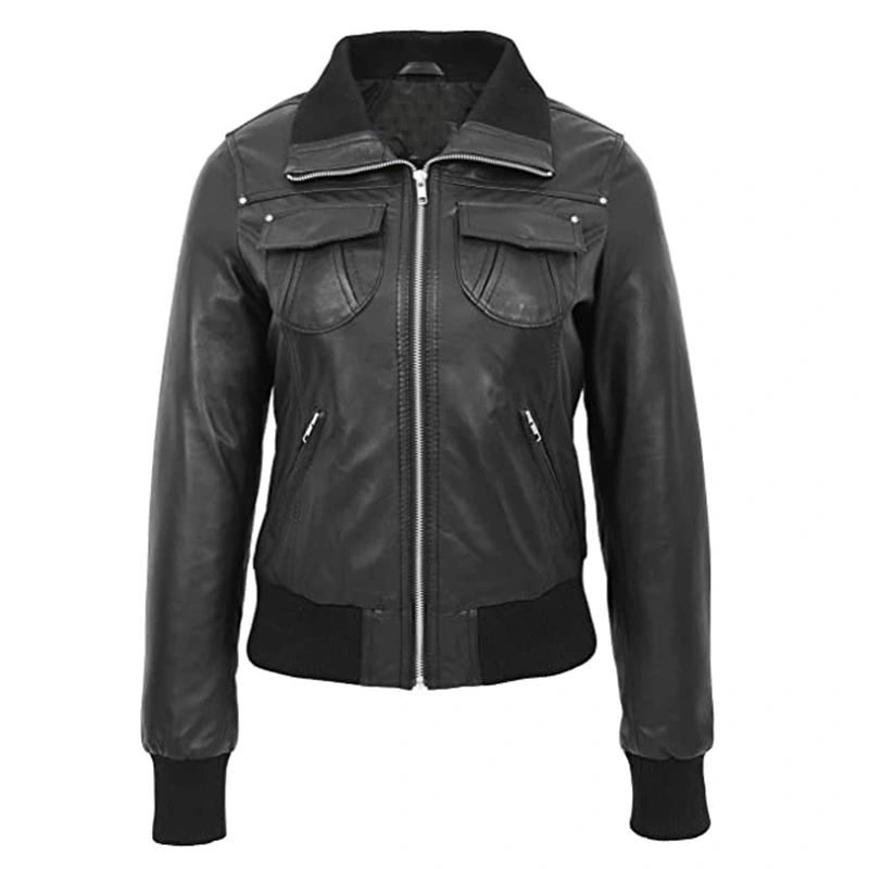 Womens Black Bomber Leather Jacket | Bomber Leather Jacket