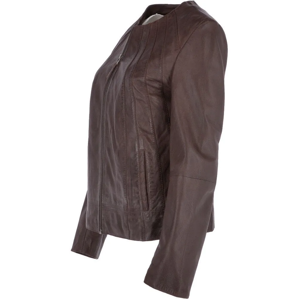 Womens Collarless Leather Jacket  Mid Brown/nap:  Chambery