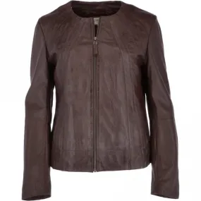 Womens Collarless Leather Jacket  Mid Brown/nap:  Chambery