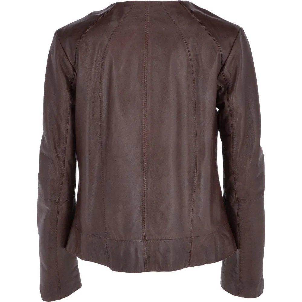 Womens Collarless Leather Jacket  Mid Brown/nap:  Chambery