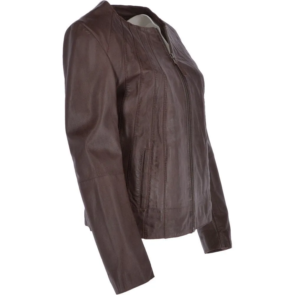 Womens Collarless Leather Jacket  Mid Brown/nap:  Chambery