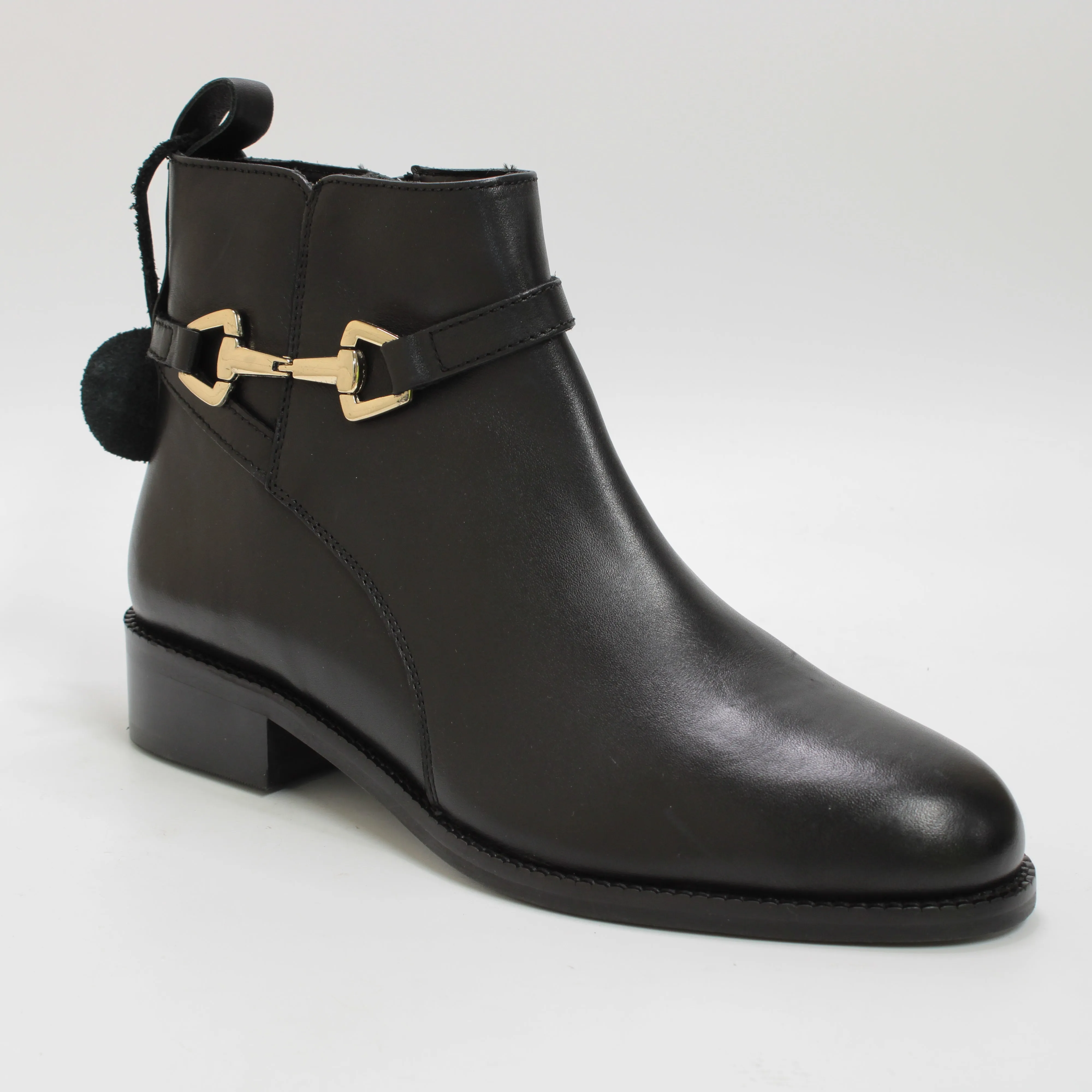 Women's Office Black Leather Ankle Boots with Trim Detail