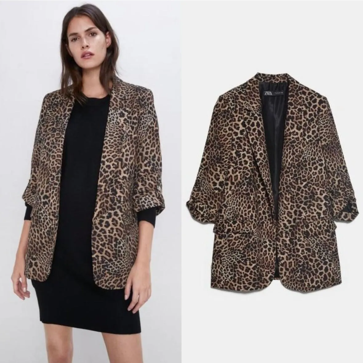 Zara Basic Brown Leopard Print Open Front Pockets Oversized Blazer Jacket Size M