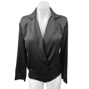 Zara Black Silk Satin Faux Wrap Collar V-Neck Suit jacket Blazer Bodysuit Top M