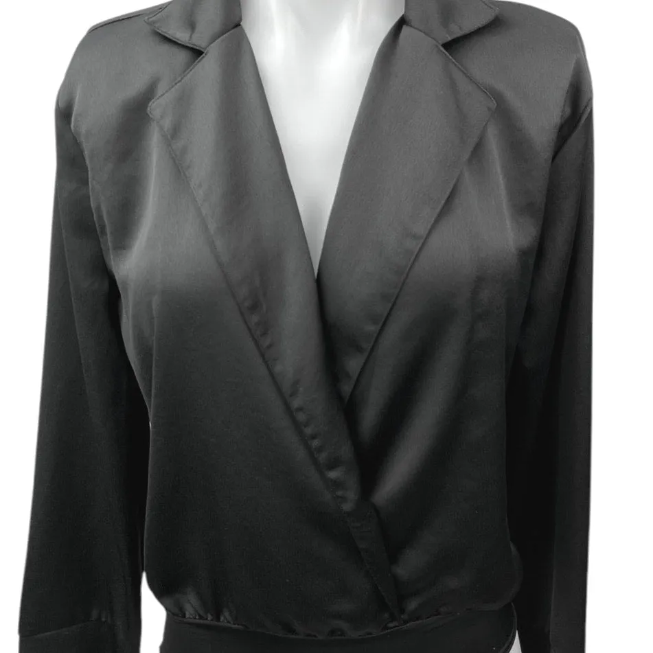 Zara Black Silk Satin Faux Wrap Collar V-Neck Suit jacket Blazer Bodysuit Top M