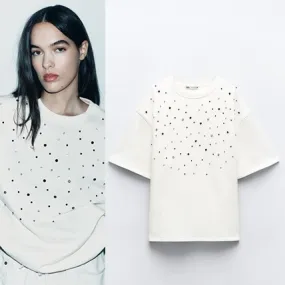 ZARA Jewel Detail Plush Short Sleeve Sweatshirt