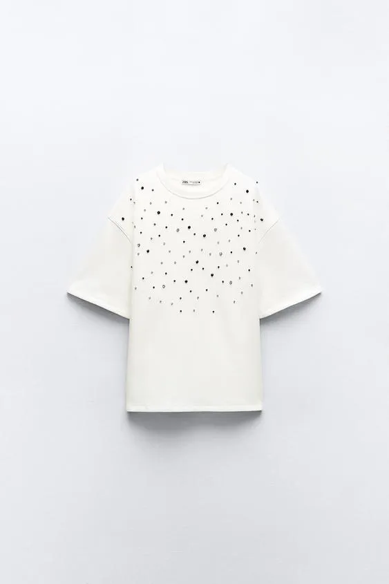 ZARA Jewel Detail Plush Short Sleeve Sweatshirt